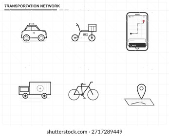 Different vehicles are shown including a taxi, a bicycle, and a delivery truck. There is also a map with a location pin and a mobile phone for navigation.