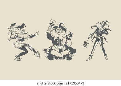 Different versions of the clown Joker for playing cards