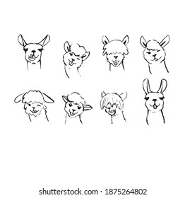 Different versions of a hand-drawn llama, alpaca for logo, stickers, fun. Cheerful, positive character in a cartoon style