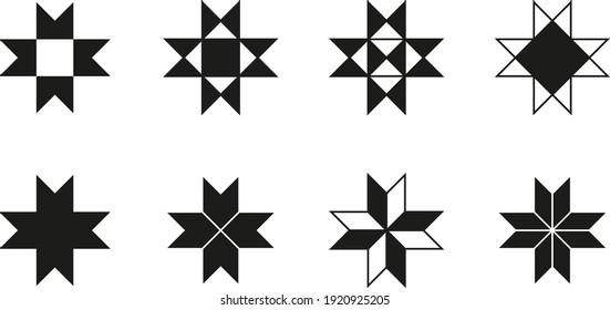 Different versions of octagram shapes and symbols. Geometrical object. Octagram is an eight-angled star polygon commonly used in many different cultures through history and modern times. 