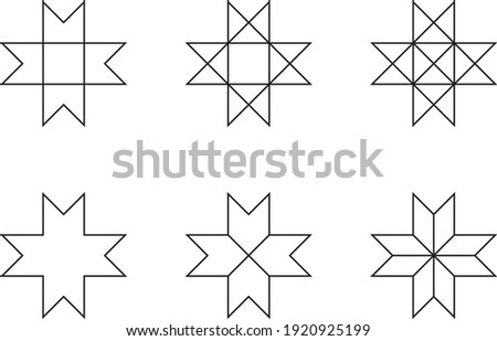 Different versions of octagram shapes and symbols. Geometrical object. Octagram is an eight-angled star polygon commonly used in many different cultures through history and modern times. 