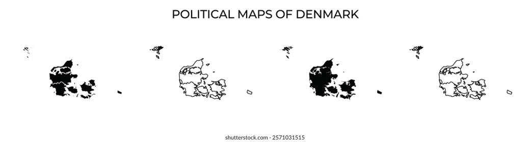 Different versions of political maps of Denmark illustrate the geographical regions, borders, and notable features of the country, showcasing its layout and divisions.