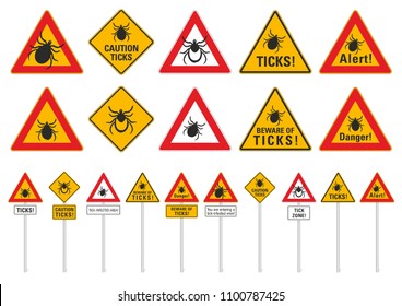 Different versions of signs warn against ticks, TBE and Lyme disease