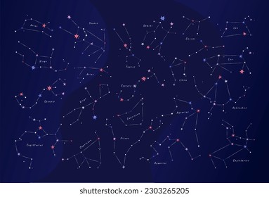 Different versions of zodiacal constellations on deep blue background. Flat vector illustration EPS 10.
