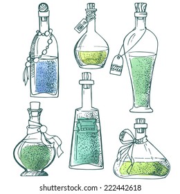 Different vials and bottles painted green and blue watercolor.