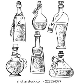 Different vials. Hand-drawn design elements.