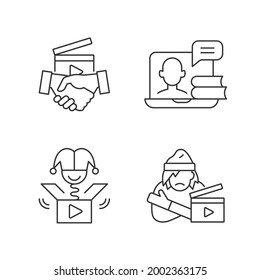 Different video linear icons set. Business to business service. Online webinar, internet classes. Customizable thin line contour symbols. Isolated vector outline illustrations. Editable stroke