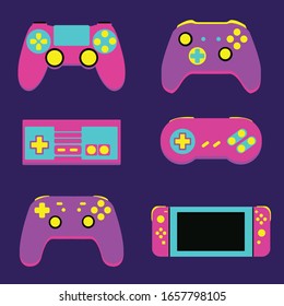 Different videogame gamepads of current and past generations in 80s style