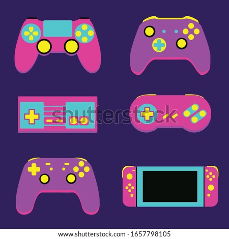 Different videogame gamepads of current and past generations in 80s style