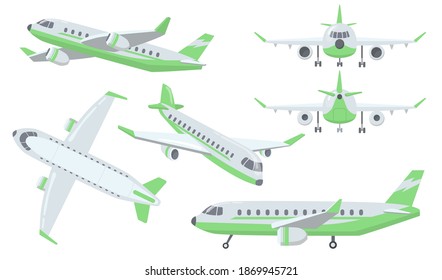 Different Views Of Airplane Set. Plane Is Flying In Air, Taking Off Or Landing With Gears, Front, Side And Back View Of Jet. Vector Illustrations For Aircraft Flight Travel, Aviation, Holiday Concept