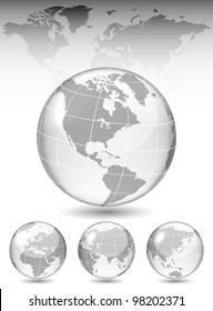 Different views of glass globe, map included, vector illustration, eps 10, 3 layers