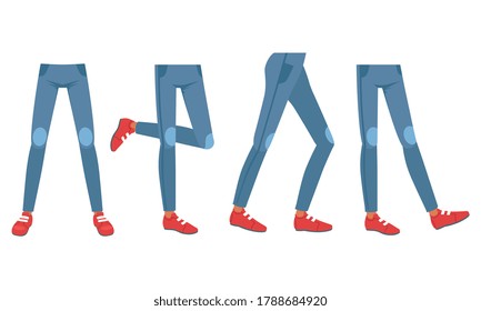 Different Views of Human Legs in Jeans and Shoes, Male or Female Body Part, Constructor for Animation Cartoon Style Vector Illustration