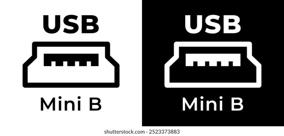 Different views of a Mini B USB connector displayed in black and white contrasting designs