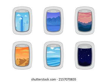 Different views from plane illuminator vector illustrations set. Airplane windows with picturesque landscapes isolated on white background. Tourism, traveling, transportation concept