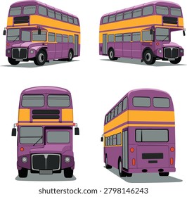 Different views of purple and yellow double-decker buses with multiple angles.