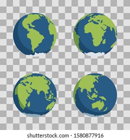 Different views of simplified Earth globe web icons on transparent background, vector illustration on global theme