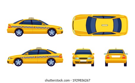 Different views of taxi yellow car flat collection for web design. Cartoon cab view from side, front, back and top isolated vector illustrations. Transportation and travel concept