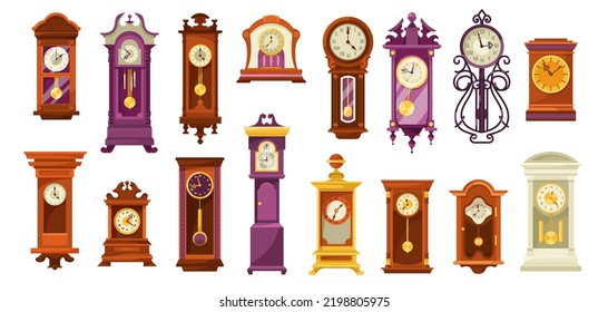 Different vintage clocks vector illustrations set. Collection of cartoon drawings with old or classic wall or table clocks with pendulum, grandfather clock on white background. Antique, time concept