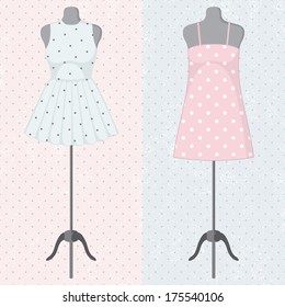 Different vintage dresses on a mannequin. Vector illustration