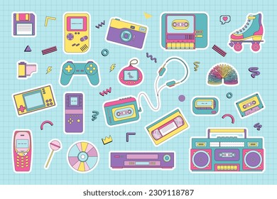 Unterschiedliche Vintage-Elektronik-Flachvektorgrafiken-Set. 90er Jahre Retro-Objekte, Illustrationssatz. Retro-elektronische Geräte der 80-90er Jahre, VHS-Player, Kassetten, Regenbogen-Spiralfeder-Spielzeug, Roller