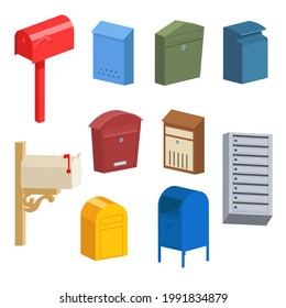 Different vintage and modern postboxes vector illustrations set. Standing mailboxes, wall mounted letterboxes for letters isolated on white background. Communication, delivery, correspondence concept