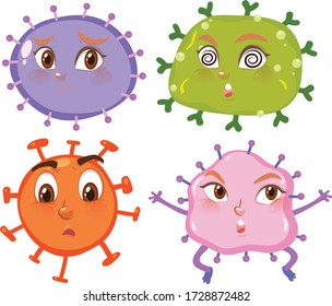 Different virus cells with faces on white background illustration