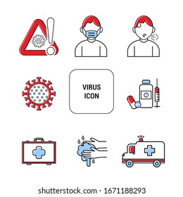 Different virus pictograms. Warning sign and prevent sign. Avoid the virus, virus alert, mask use, hand washing, disease and quarantine.