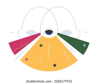 Different vision or opinion concept. Two people point of view or perspective. Diversity in idea and information, subjective visual experience. Flat vector illustration