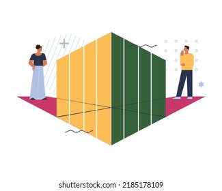 Different vision or opinion concept. Two people point of view or perspective. Diversity in idea and information, subjective visual experience. Flat vector illustration