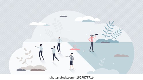 Different vision as unique leader with creative solutions tiny person concept. Think , see and do new path to business to make success or alternative outcome vector illustration. Brave visionary scene