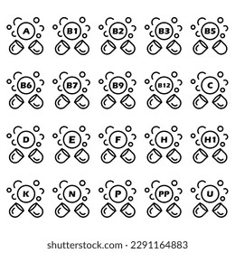 Verschiedene Vitamine in Tabletten. A, B1, B2, B7, C, K, P und andere Vitamine in Kapseln. Vektorgrafik