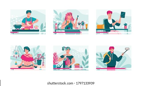 Different vlogger channels set - online content creator videos with cartoon bloggers doing product reviews or lifestyle tutorial. Vector illustration of blog channels.