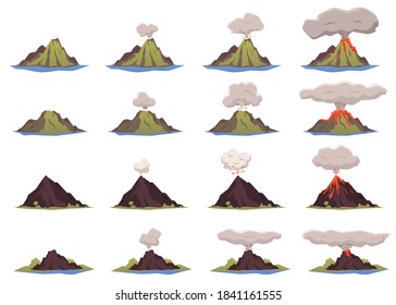 Different volcanic activity - dormant, awakening, dangerous from magma and smoke, with flowing down lava. Volcanic islands, rocks and mountains. Vector isolated illustrations.