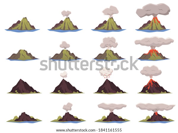 火山活動 休眠状態 覚醒状態 マグマや煙から危険で溶岩を流れ落ちる 火山島 岩 山 ベクター画像イラスト のベクター画像素材 ロイヤリティ フリー