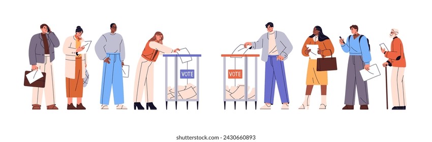 Different voters put ballot paper in transparent box. People in queue line vote at election day. Person casts questionnaire with social choice in container. Flat isolated vector illustration on white