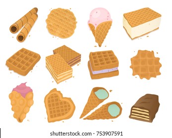 Different wafer cookies waffle cakes and chocolate pastry cookie biscuit delicious snack cream dessert crispy bakery food vector illustration