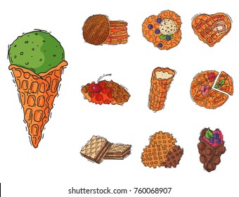 Different wafer cookies waffle cakes pastry cookie biscuit delicious snack cream dessert crispy bakery food vector illustration