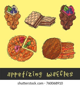 Different wafer cookies waffle cakes pastry cookie biscuit delicious snack cream dessert crispy bakery food vector illustration