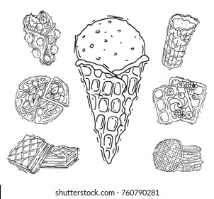 Different wafer cookies waffle cakes pastry cookie biscuit delicious snack cream dessert crispy bakery food vector illustration