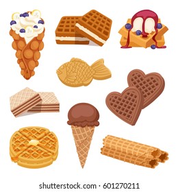 Different waffle cookies on white background waffle cakes and chocolate delicious snack cream dessert wafer bakery food vector illustration.