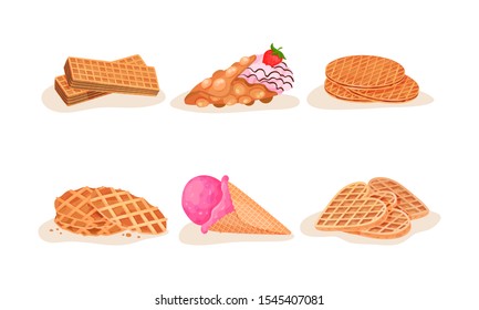 Different Waffles and Wafers Desserts Vector Illustrated Set