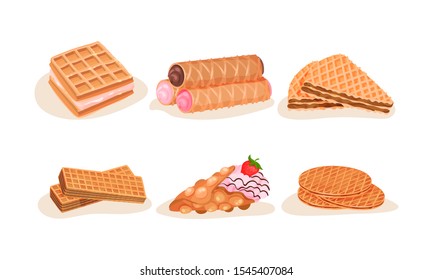 Different Waffles and Wafers Desserts Vector Illustrated Set