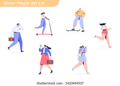 Different Walking flat vector people isolated on white. Students and business people. Casual and  business style.