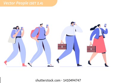 Different Walking flat vector people isolated on white. Students and business people. Casual and  business style.