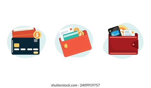 Different wallets with credit cards set isolated on white background. Concept flat vector illustration for online payment, financial security, money saving, business or banks finance investment.