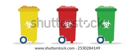 Different waste bin in different clinical waste with red, green and yellow dustbin for clinical waste throwing in all kind of plastic dustbin at medical garbage disposal bin to clinical waste disposal