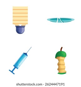 Diferentes iconos de residuos establecen el Vector de dibujos animados. Residuos médicos y orgánicos. Ecología, cuidado del medio ambiente