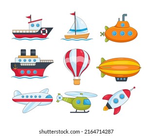 Different water and air transport vector illustrations set. Collection of cartoon drawings of boat, flying plane, helicopter, space ship, airship isolated on white background. Transportation concept