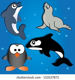 different water animals on abstract ocean background