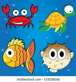 different water animals on abstract sea background